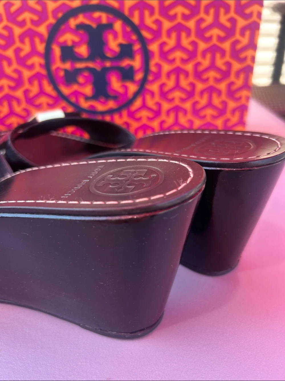 Tory Burch Black Patent Slide Sandals with Red Logo